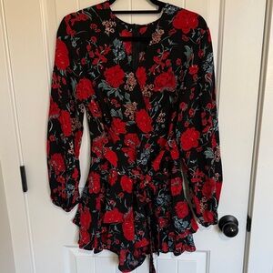 Floral V-Neck Wrap Romper with Red and Black Pattern